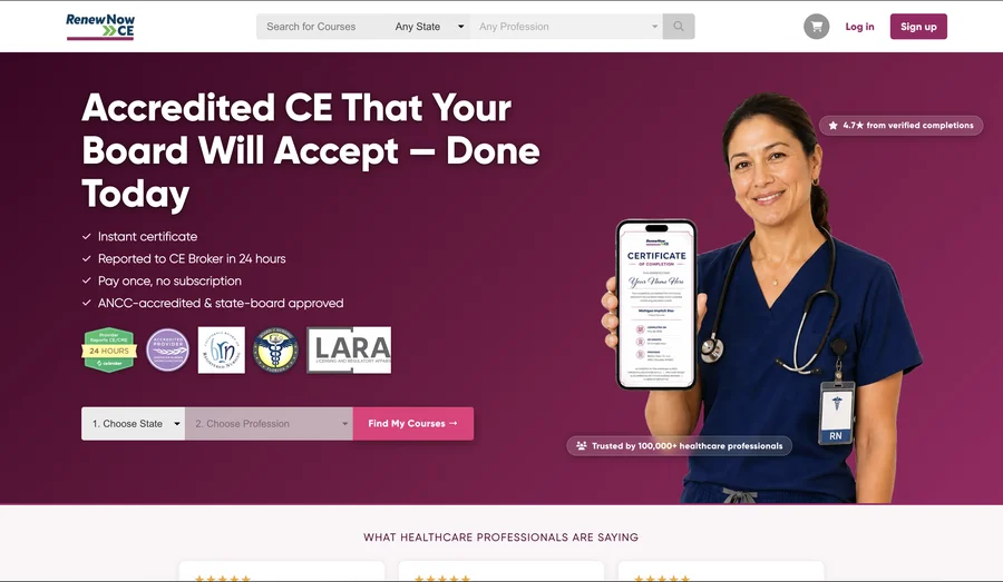 Renew Now CE homepage